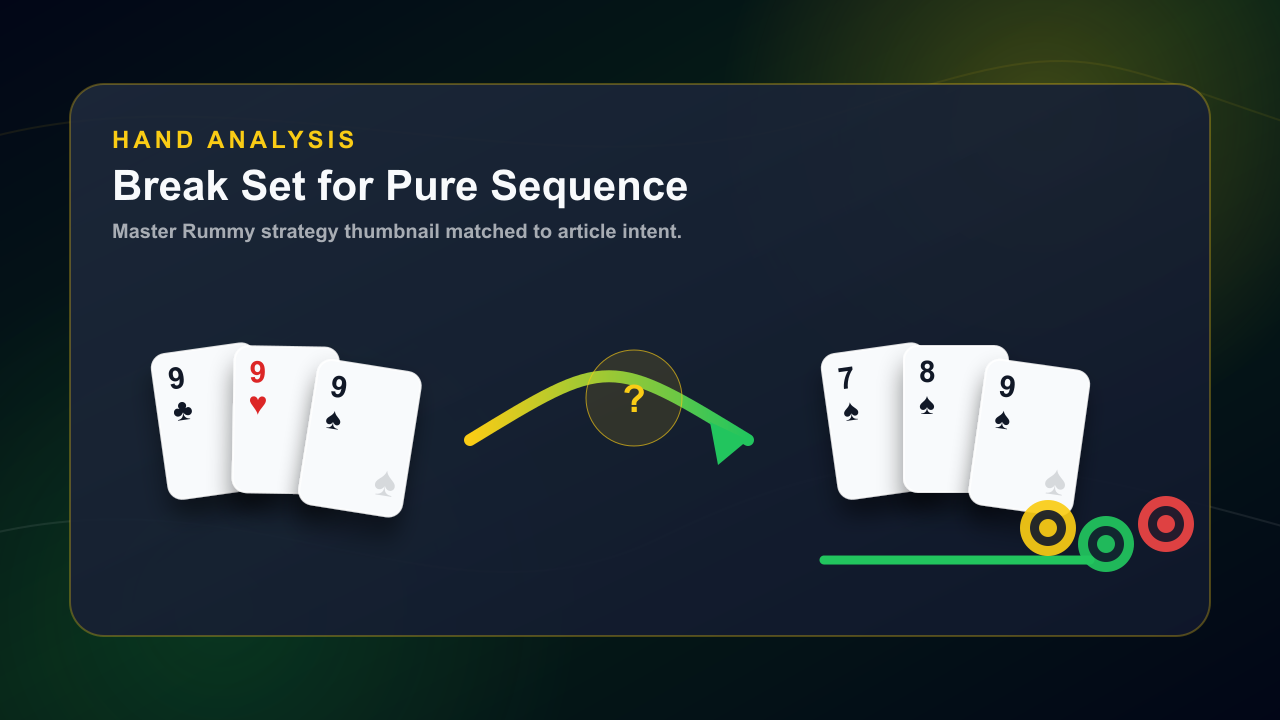 Indian Rummy hand analysis showing a set being broken to complete a pure sequence