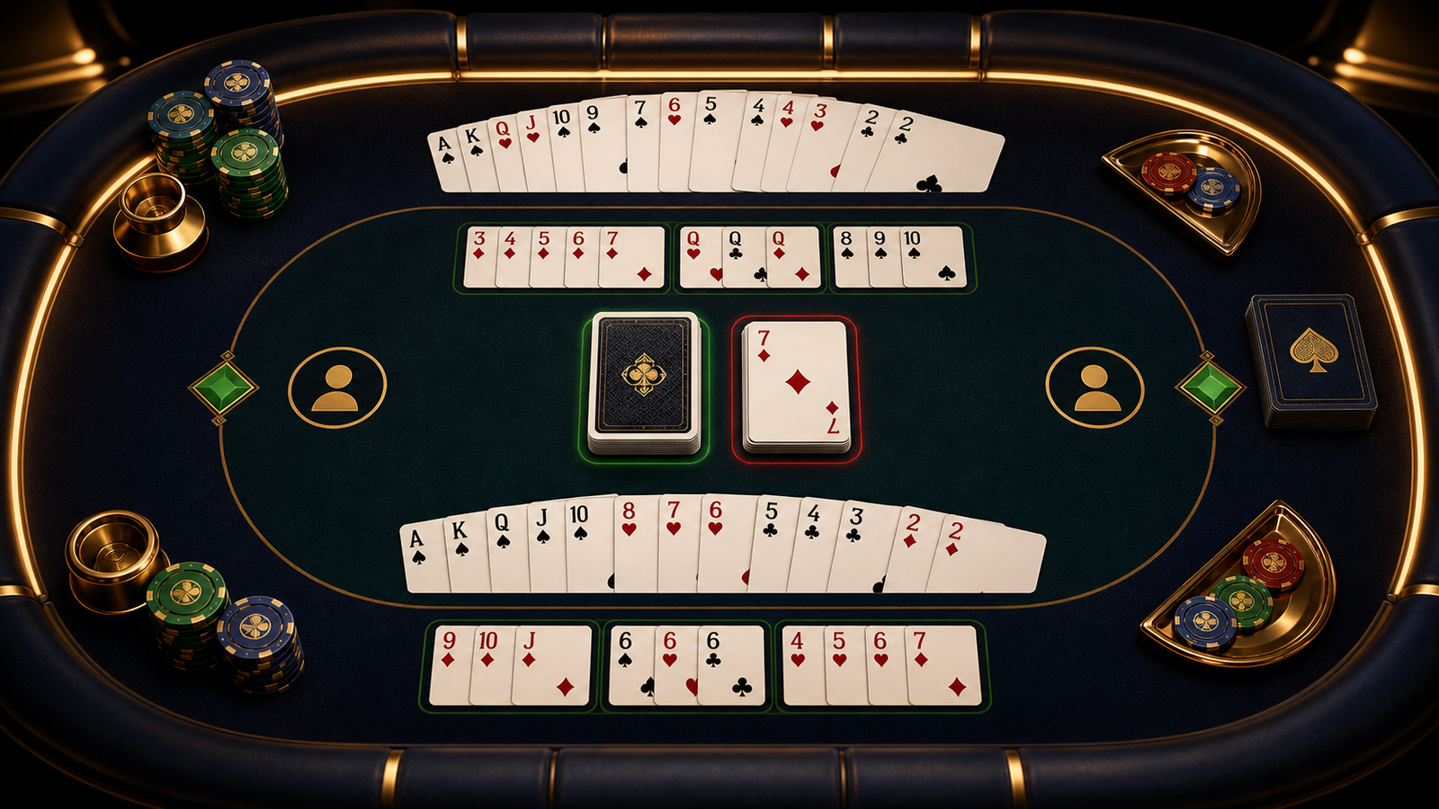 Two-player Indian Rummy table with two hands, draw pile, discard pile, and premium dark card table layout