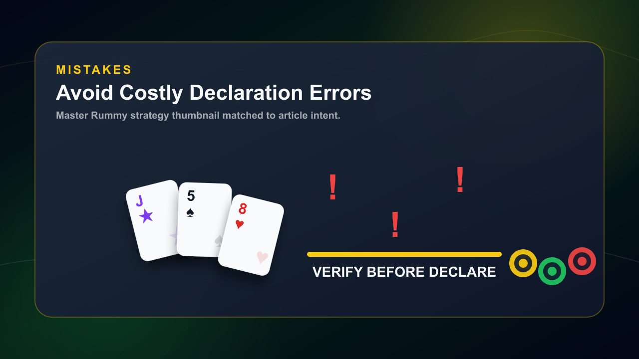 Common Indian Rummy mistakes thumbnail with warning markers and wrong declaration cues