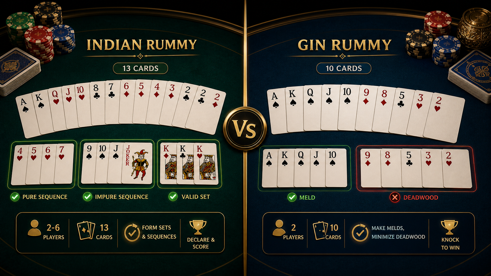 Dark premium Indian Rummy comparison thumbnail showing 13 card rummy, Gin Rummy, pure sequence, melds, and deadwood notes