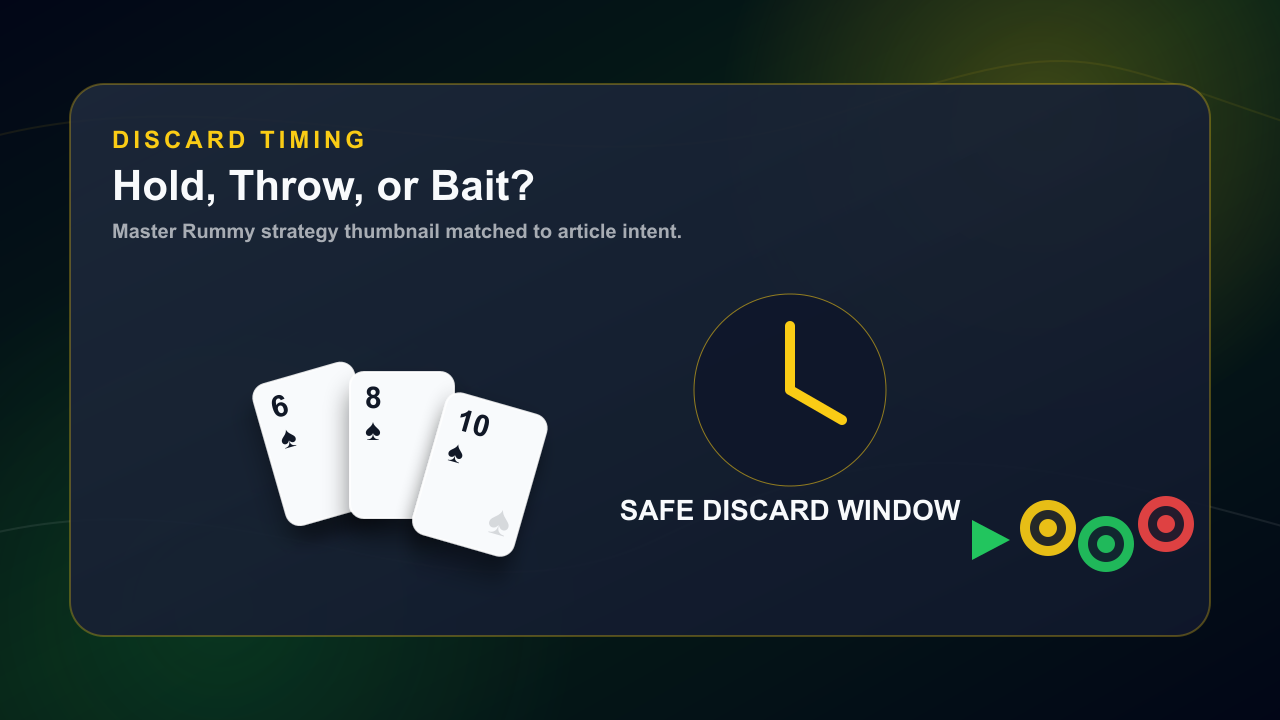 Indian Rummy discard timing thumbnail with clock and safe discard arrow