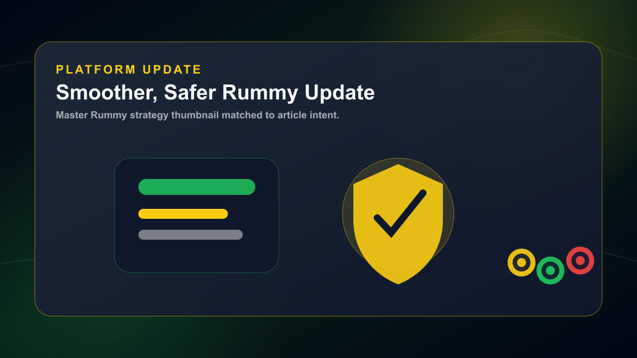 Master Rummy platform update thumbnail with shield, speed gauge, and app table improvements