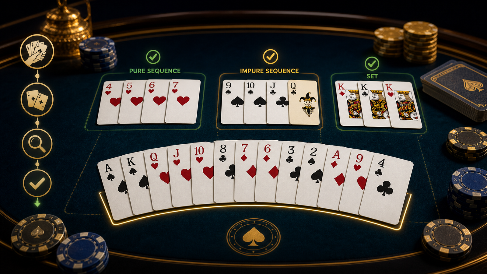 How to play 13-card Indian Rummy beginner guide with pure sequence, impure sequence, and set groups on a premium dark rummy table