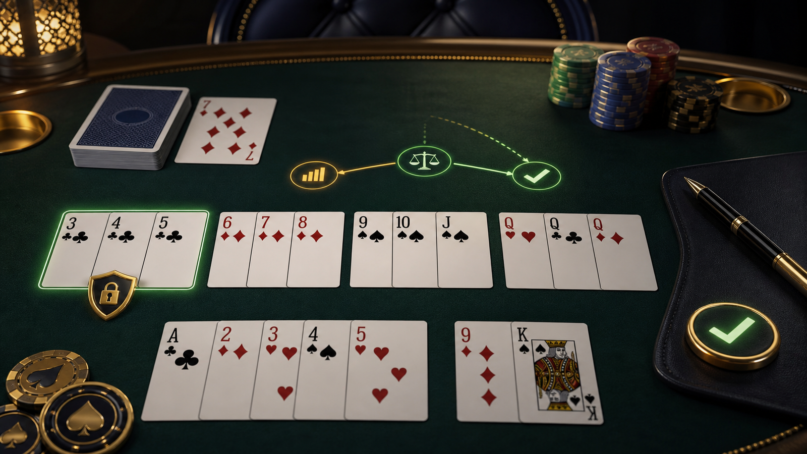 Premium Indian Rummy strategy table showing protected pure sequence, decision checklist, point control, and disciplined card groups
