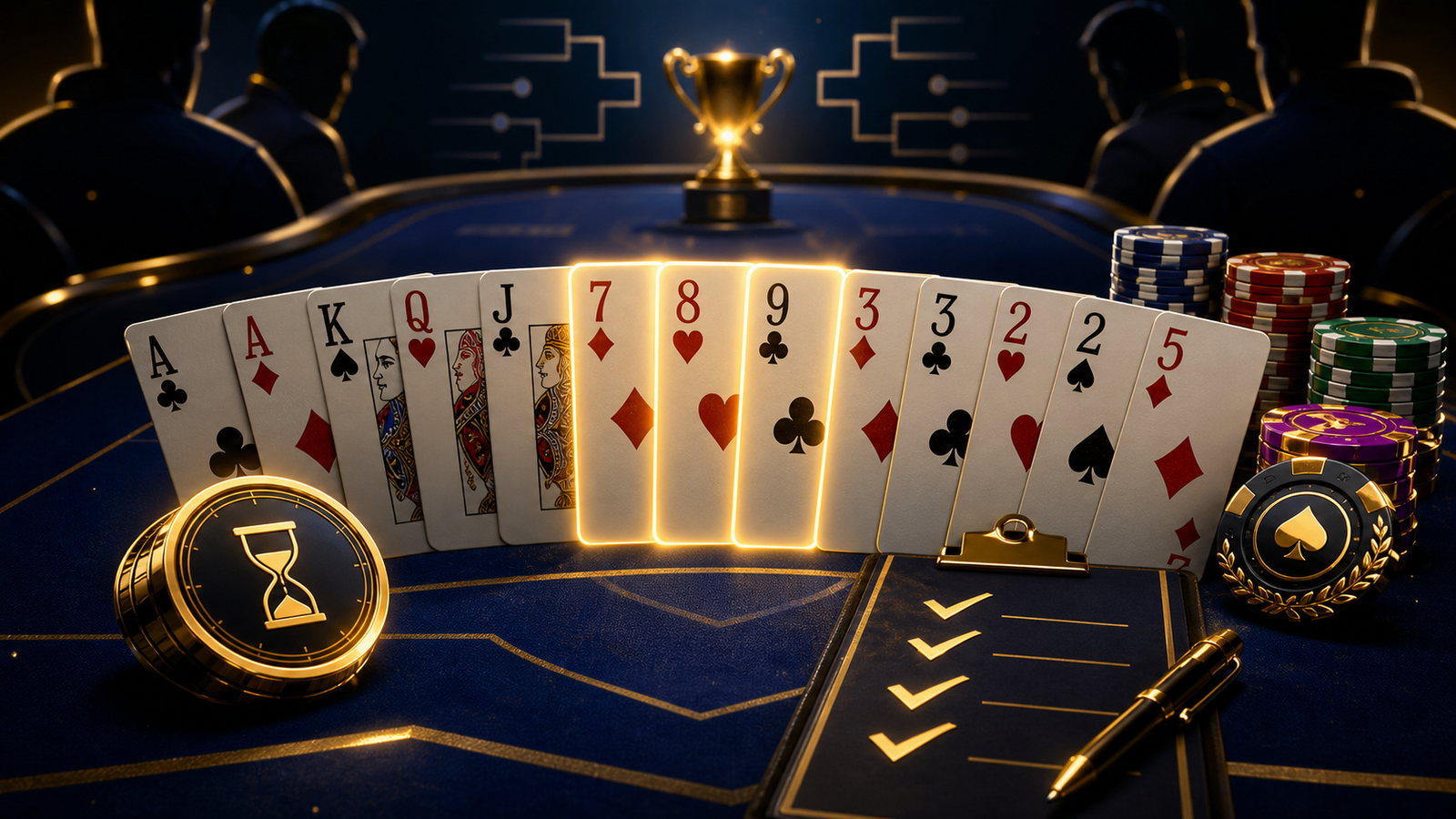 Premium Indian Rummy tournament table with cards, chips, timer, trophy cue, and a preparation checklist