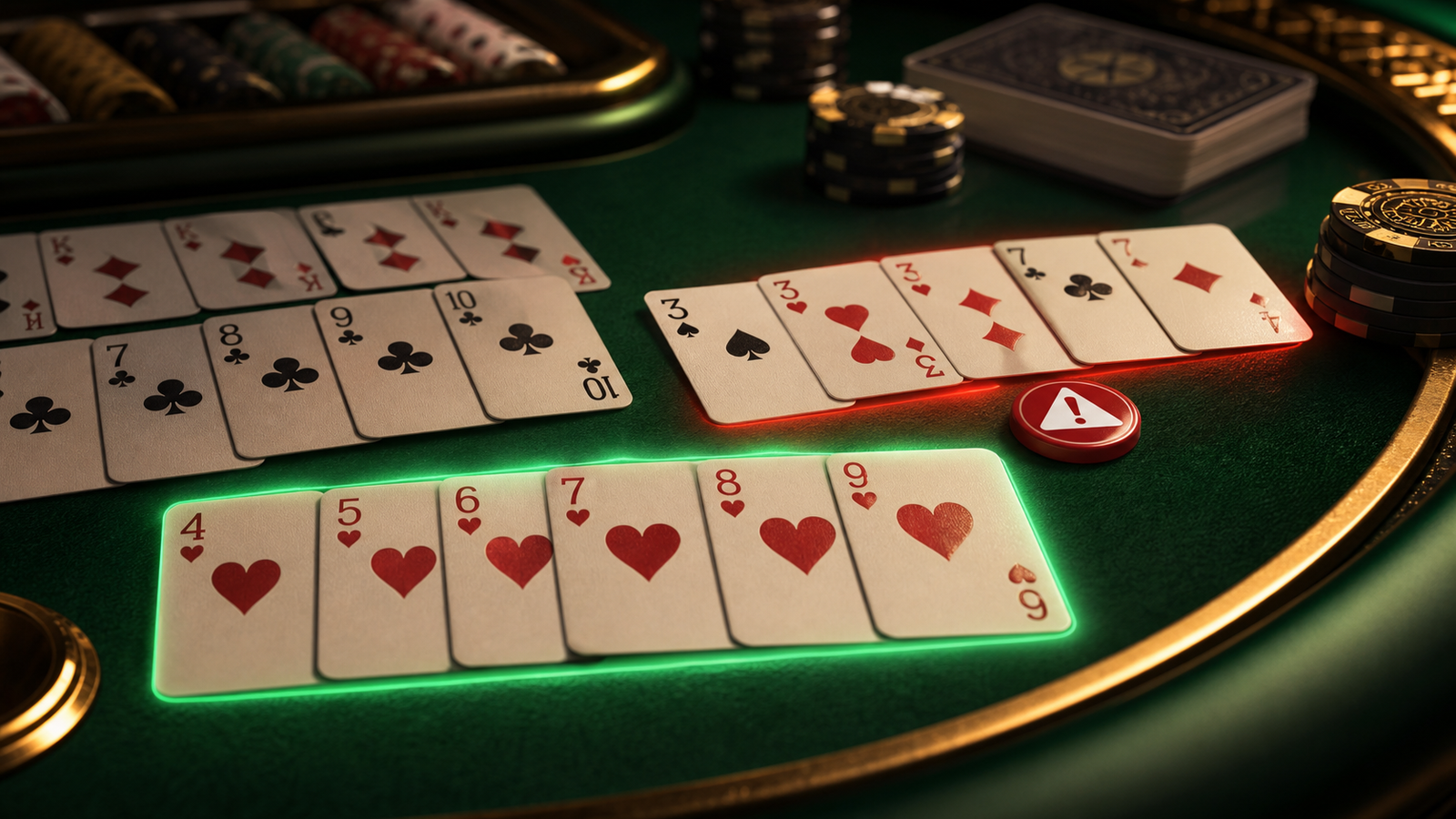 Premium Indian Rummy invalid declaration review with a green pure sequence and red warning marker on a realistic card table