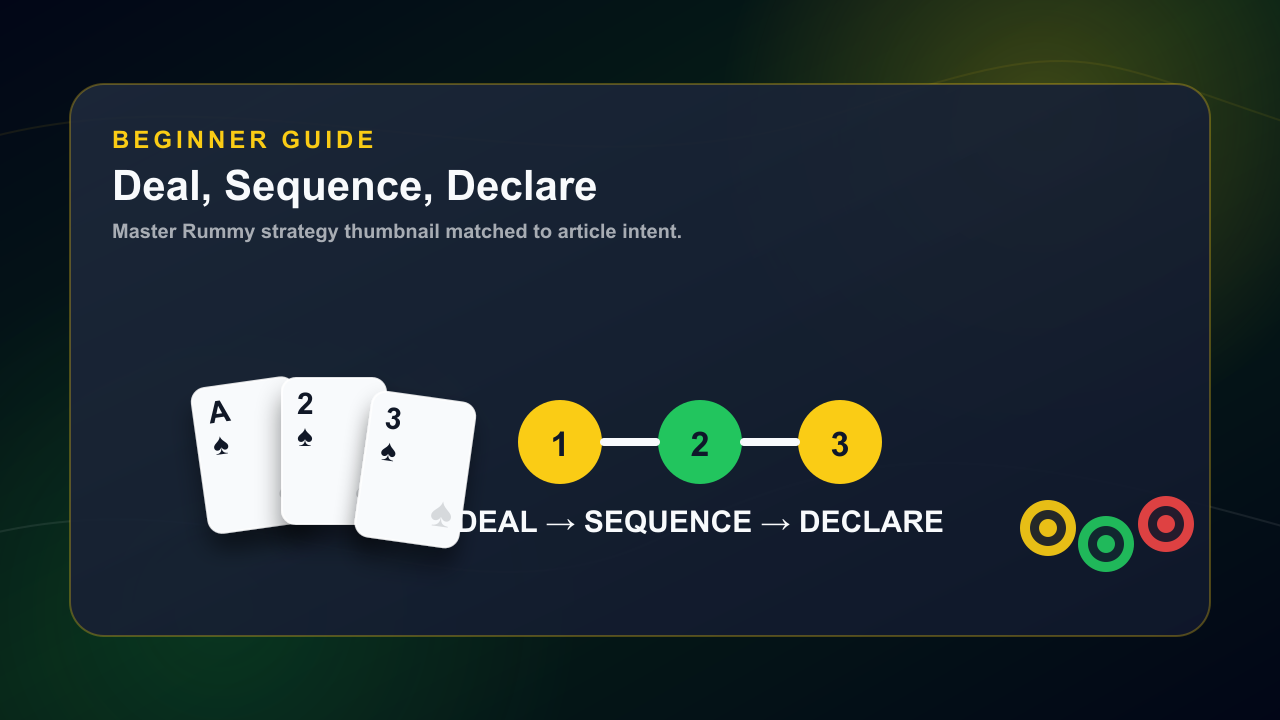 Beginner Indian Rummy guide thumbnail with three learning steps and card groups