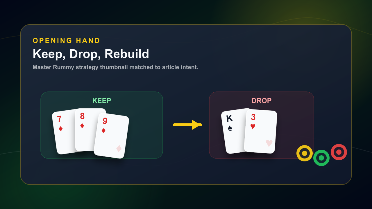 Rummy opening hand evaluation thumbnail with keep and drop card zones