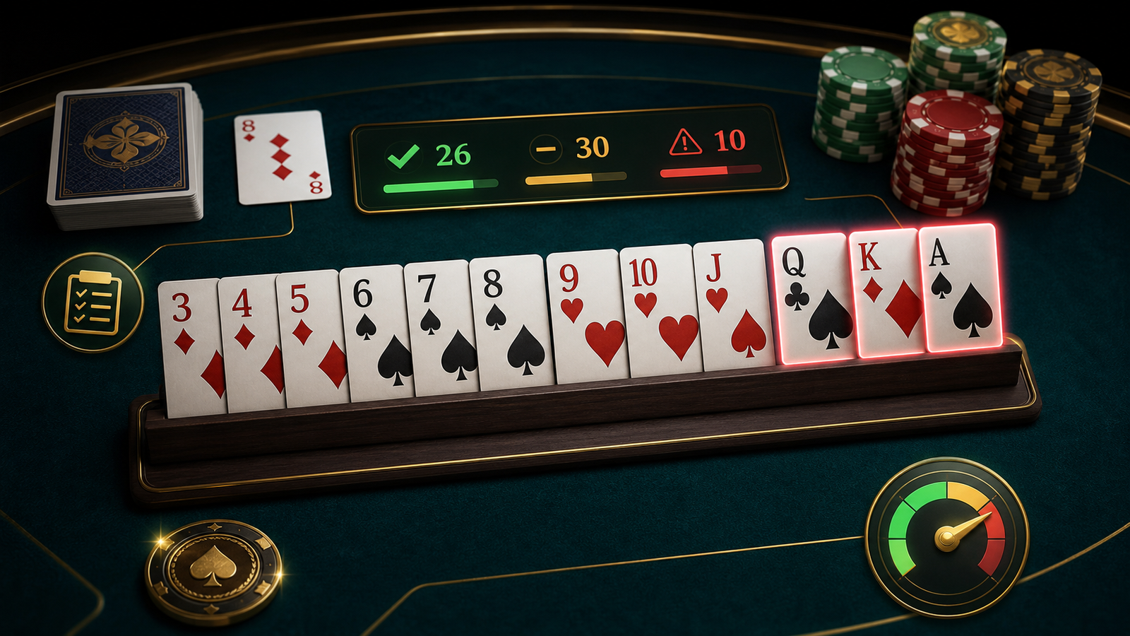 Indian Rummy scoring system thumbnail with high cards, point risk meter, and grouped cards on a dark premium rummy table