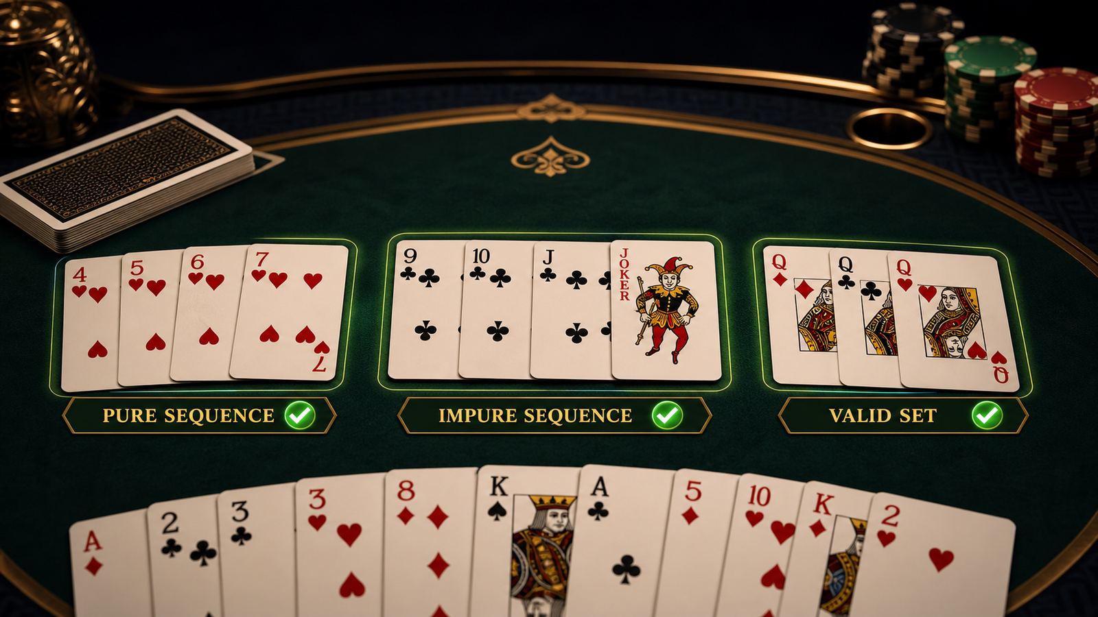 Indian Rummy sets and sequences guide thumbnail showing pure sequence, impure sequence, and valid set groups on a dark premium table