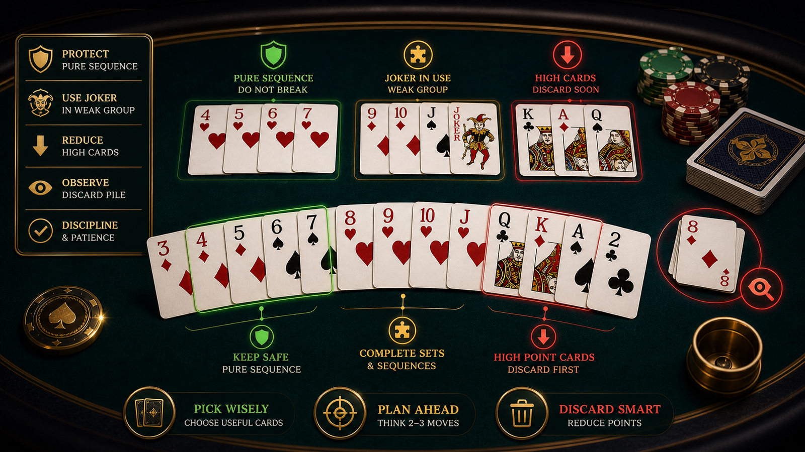 Dark premium Indian Rummy tips thumbnail with strategy checklist, pure sequence, Joker management, and discard reading cues