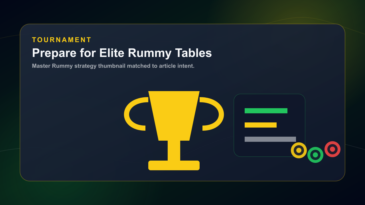 Online Rummy tournament strategy thumbnail with trophy, bracket, and leaderboard