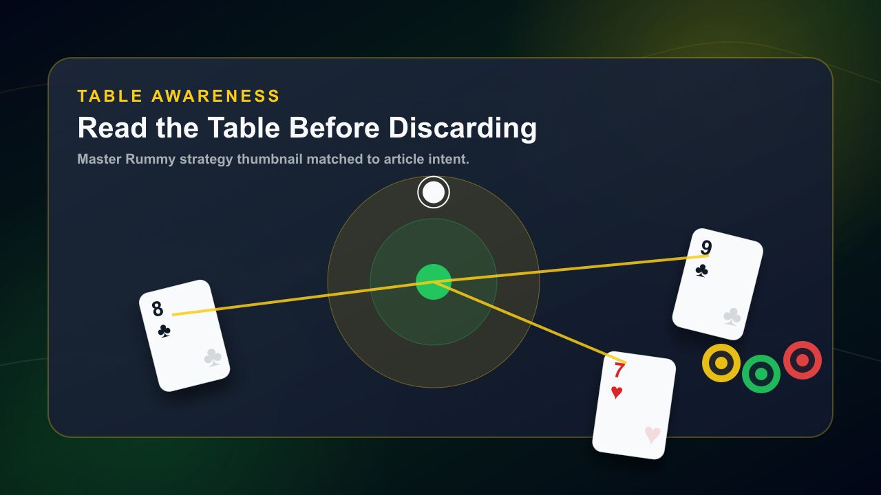 Online Rummy table observation thumbnail with discard pile and player signal tracking