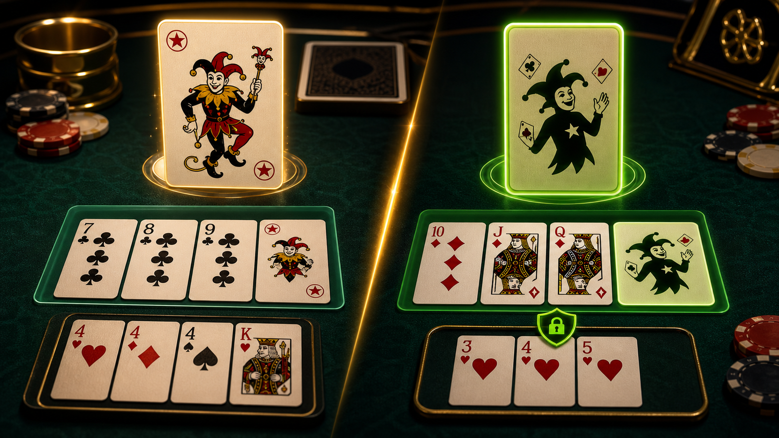 Premium Indian Rummy Joker comparison showing printed Joker and wild Joker support groups beside a protected pure sequence