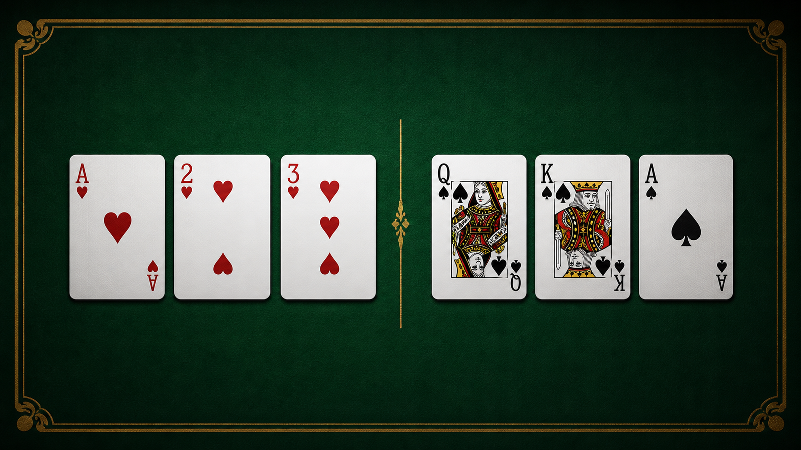 Six-card rules example showing ace-two-three hearts and queen-king-ace spades as separate same-suit runs
