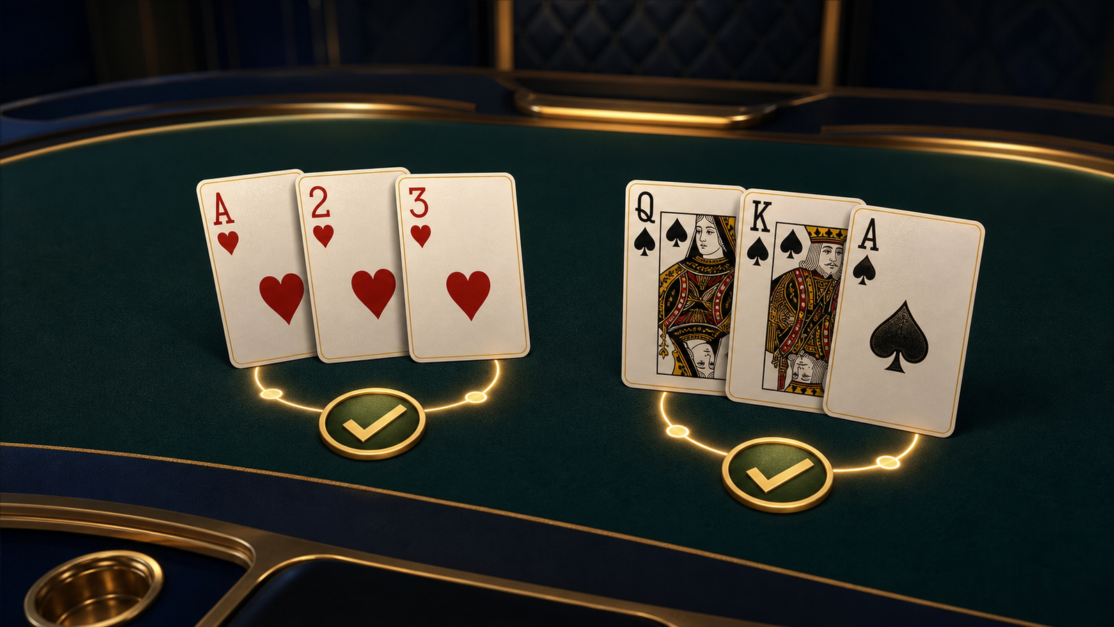 Premium Indian Rummy table comparing an ace-two-three hearts sequence with a queen-king-ace spades sequence