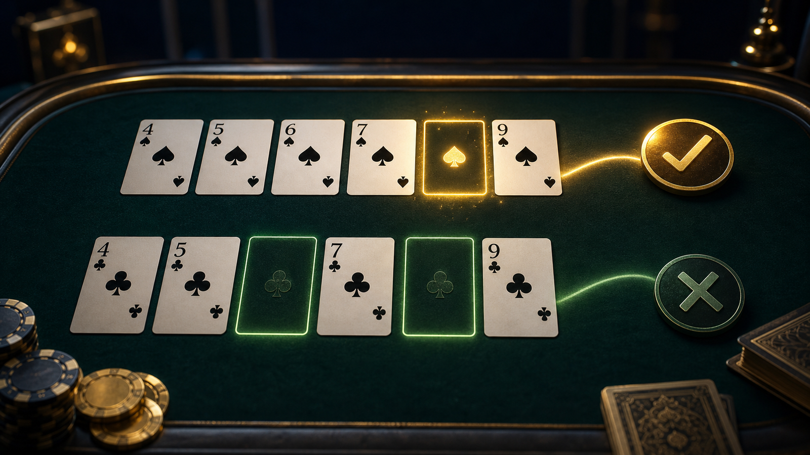 Premium dark green Indian Rummy table comparing a one-card sequence gap with a weaker two-gap same-suit route