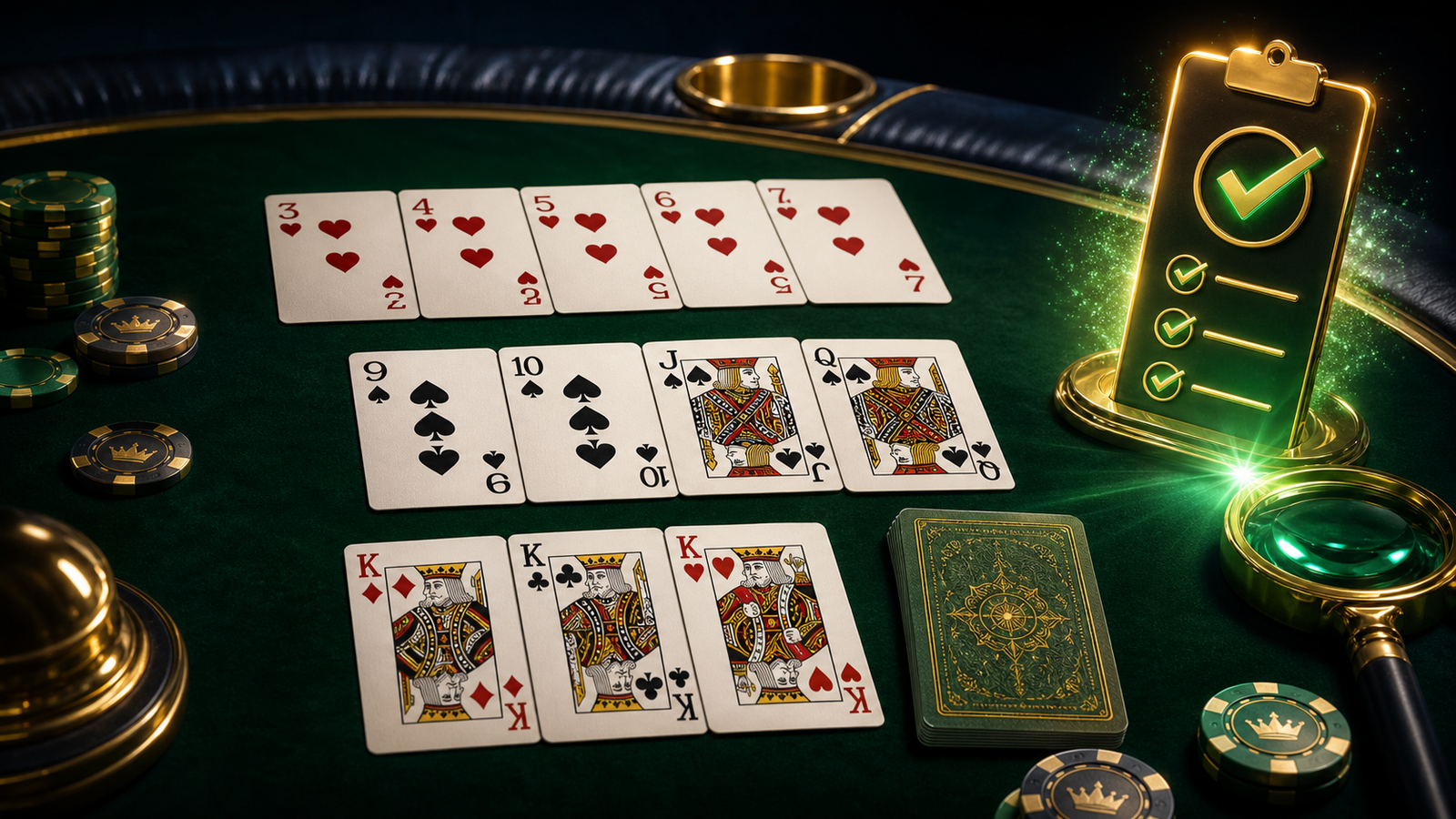 Premium dark green Indian Rummy table with a complete hand arranged into verified sequences and a set beside a gold checklist