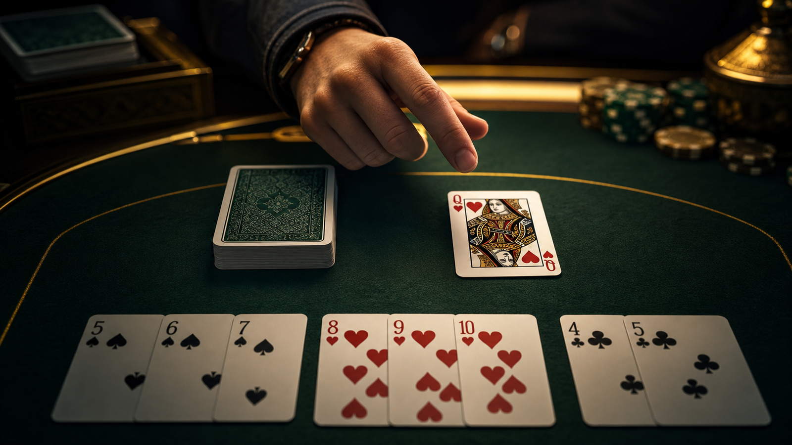 Premium dark Indian Rummy table showing a player choosing between the closed deck and a visible queen on the discard pile