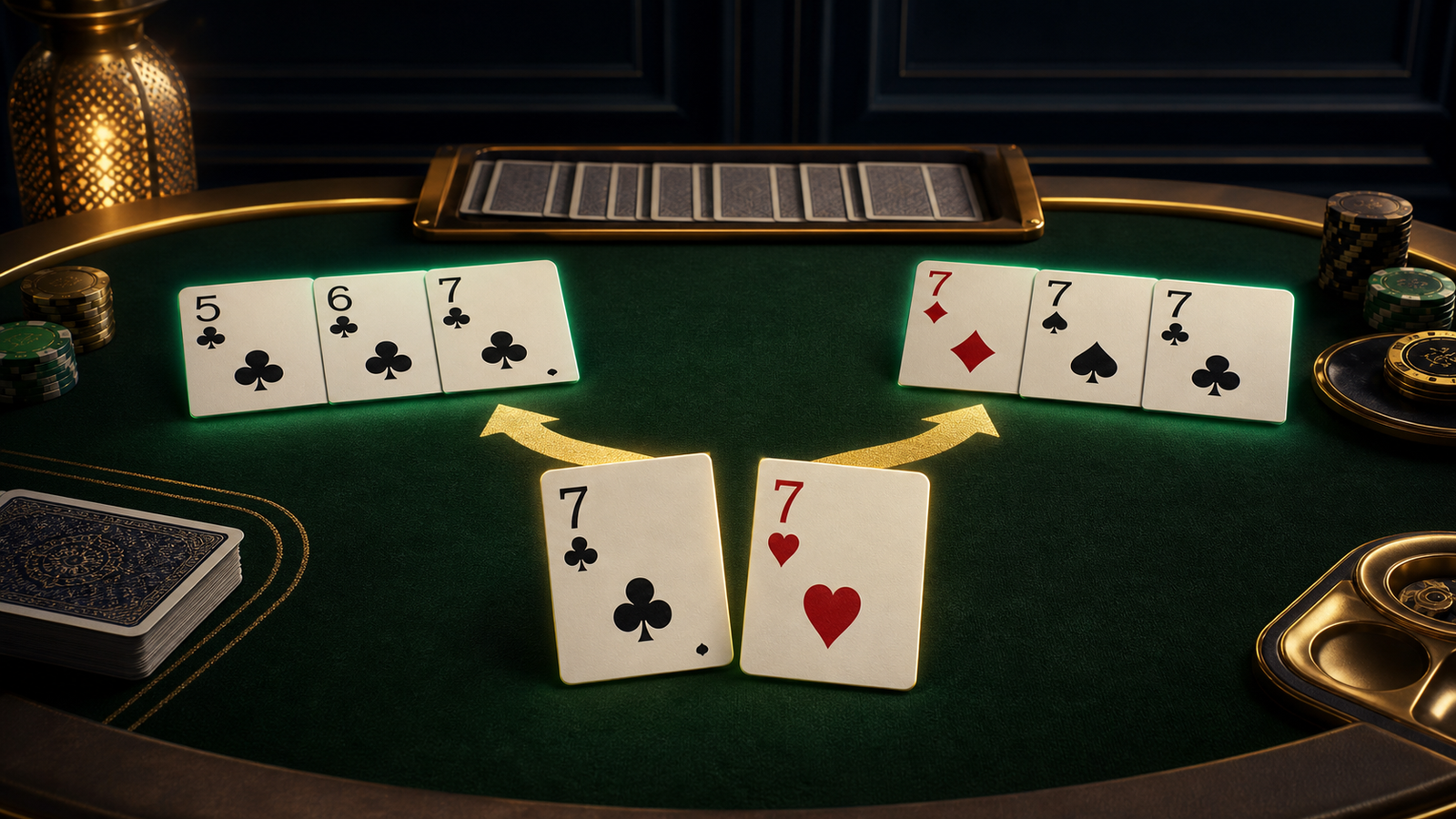 Premium dark Indian Rummy table showing duplicate sevens branching toward a natural sequence or a same-rank set