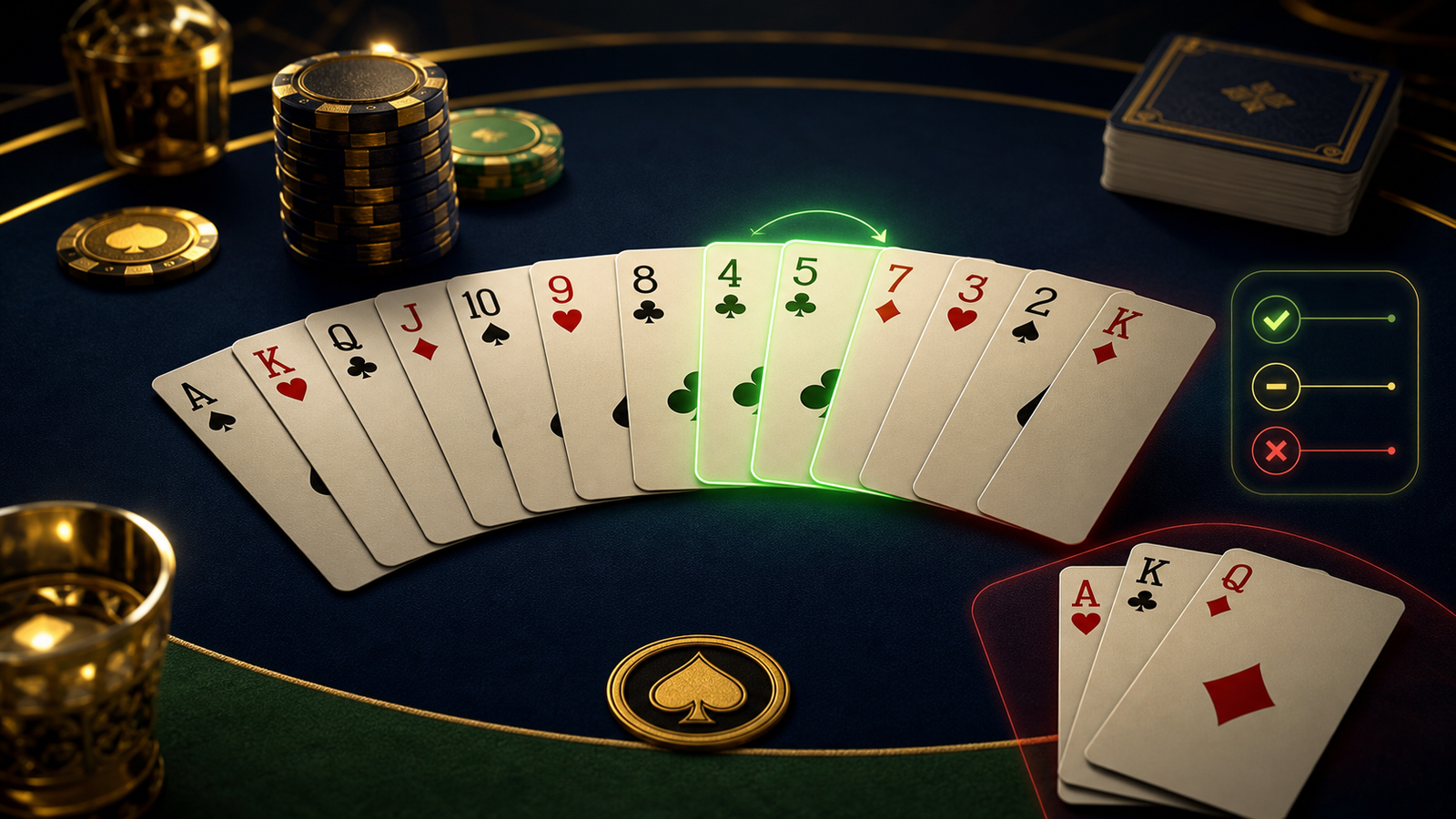 Premium Indian Rummy opening hand with a highlighted pure sequence path, high-card risk group, and decision checklist cues