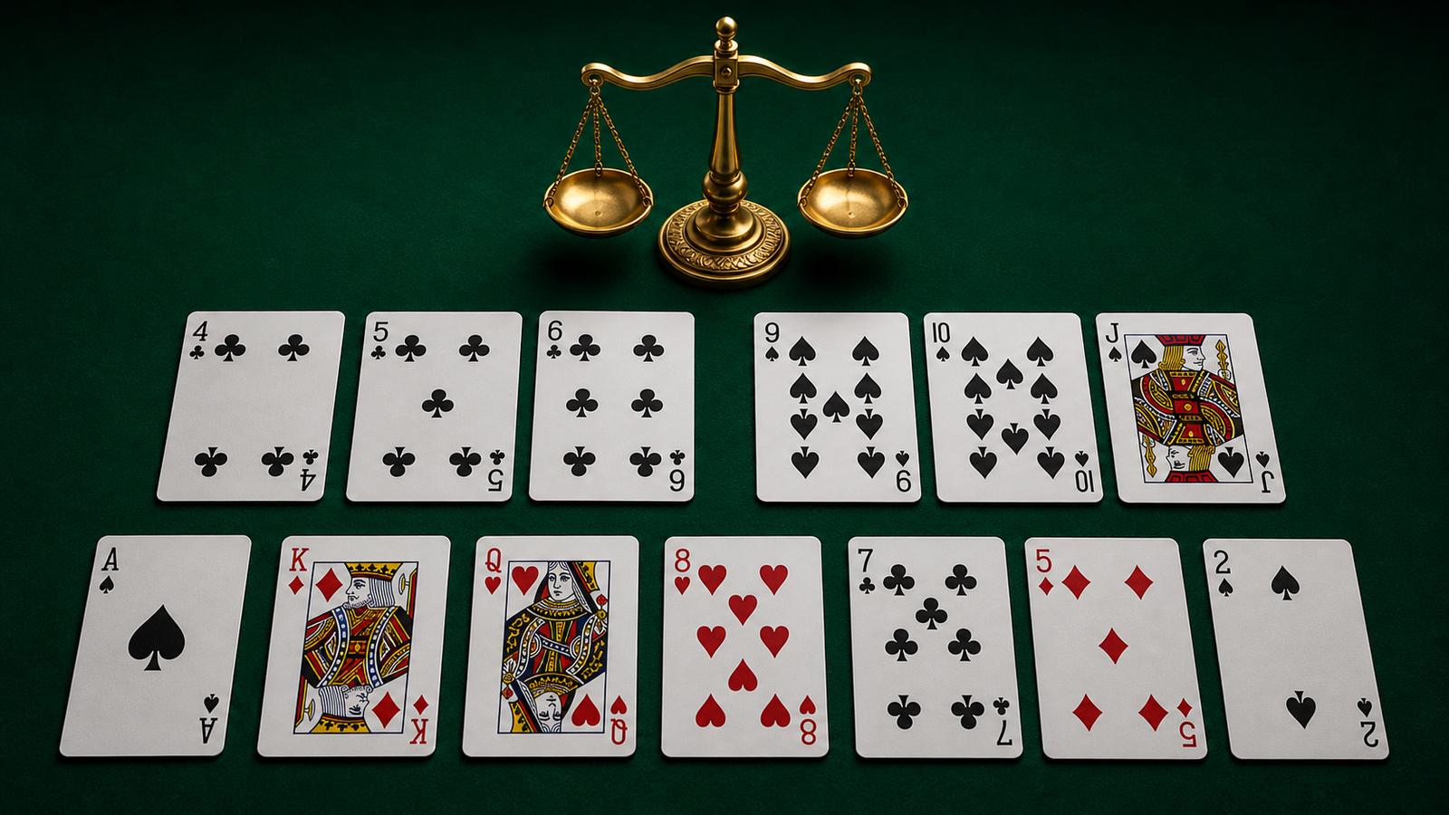 Thirteen-card Indian Rummy opening hand showing two natural sequence routes and seven isolated cards beside a balance scale