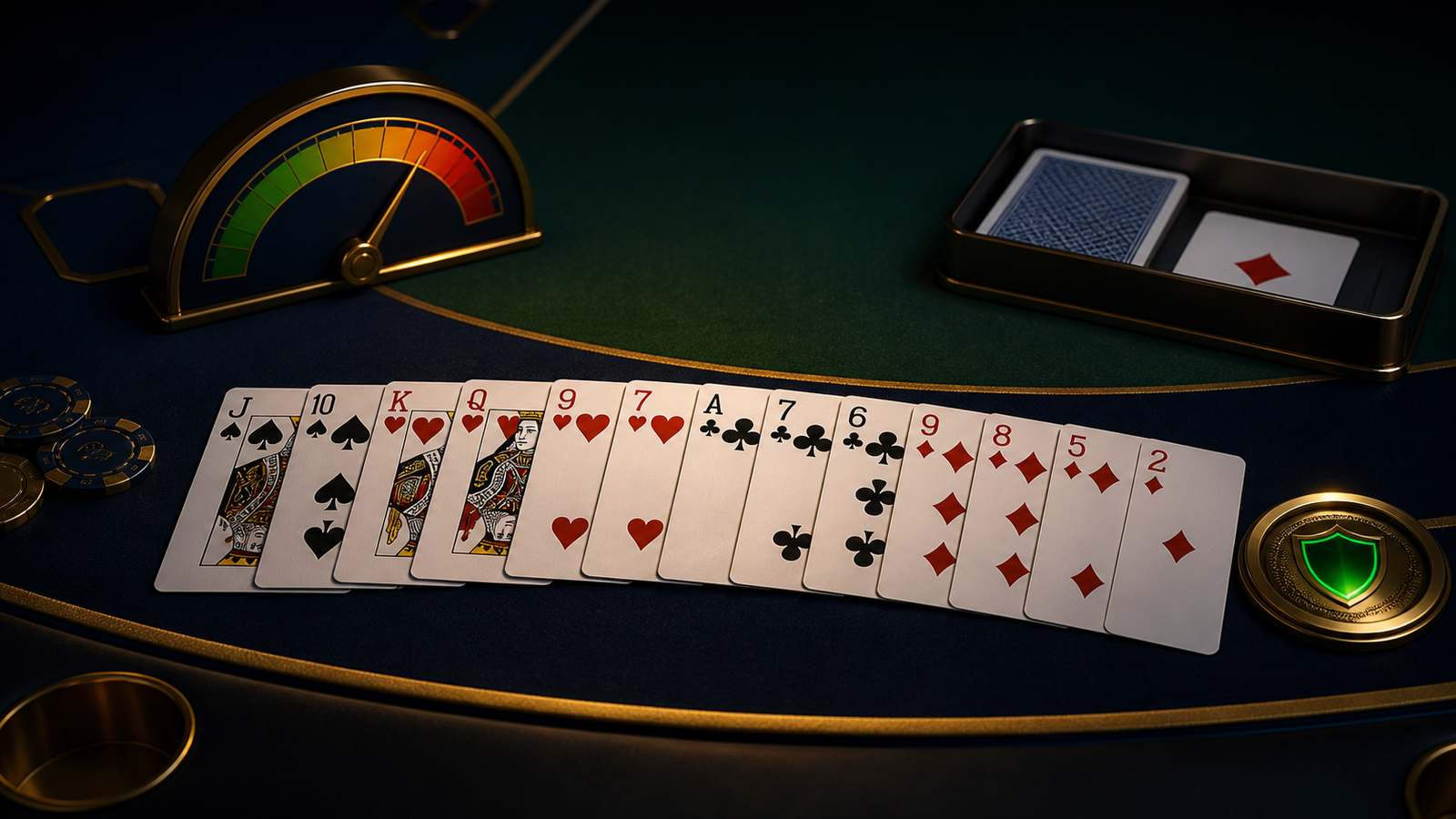 Premium dark points Indian Rummy table with a thirteen-card hand, risk meter and disciplined first-turn drop cue