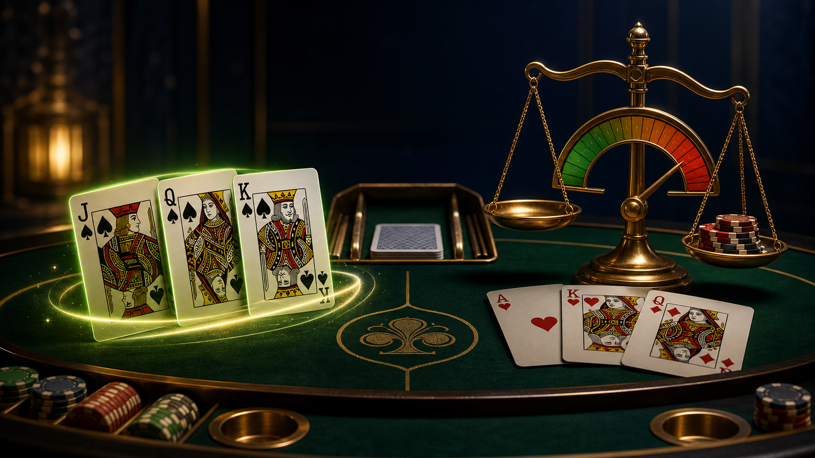 Premium dark Indian Rummy table balancing a glowing jack-queen-king sequence against isolated high-card point risk