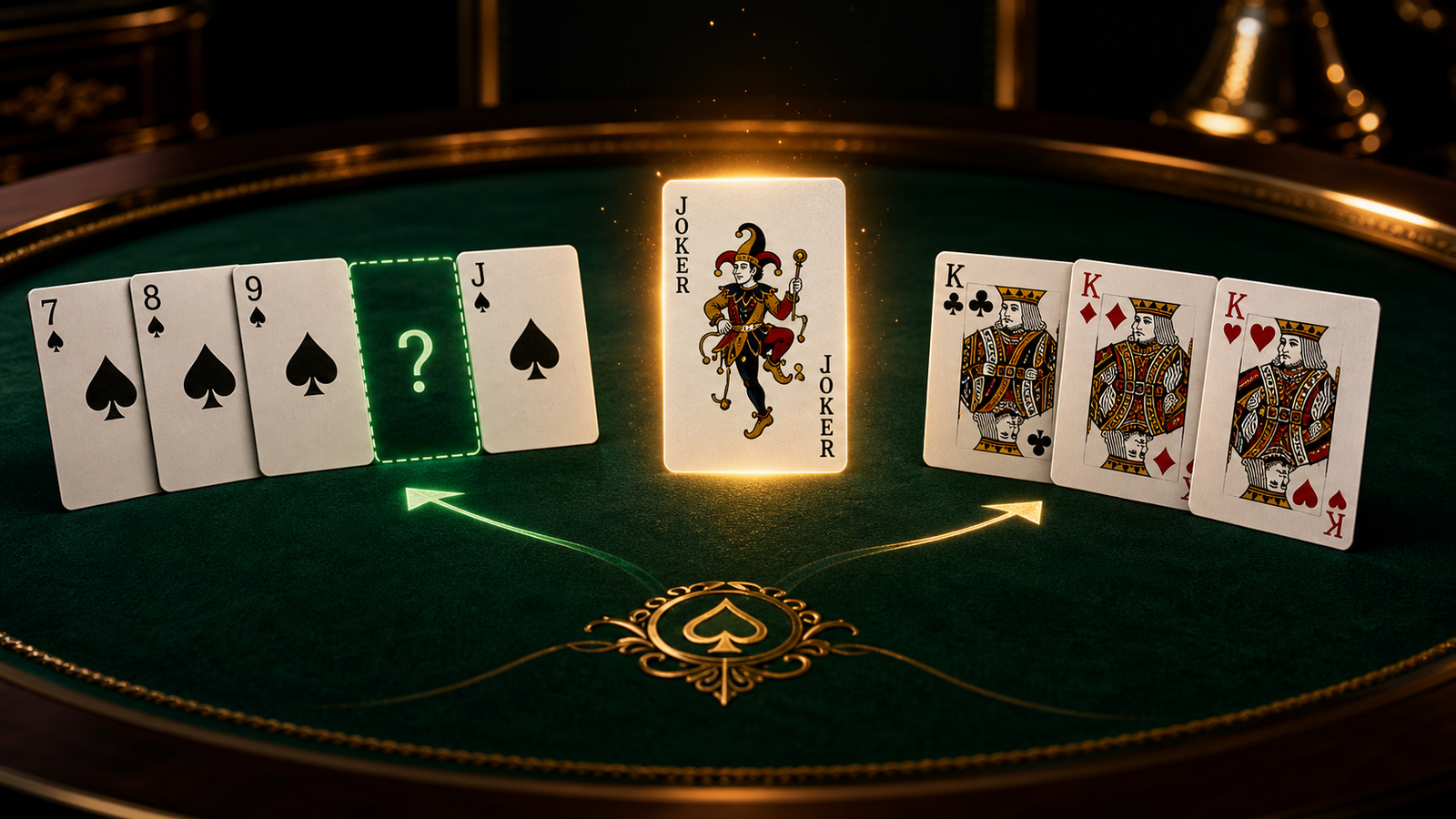 Premium dark green Indian Rummy table with a glowing Joker between a one-card sequence gap and a three-king set