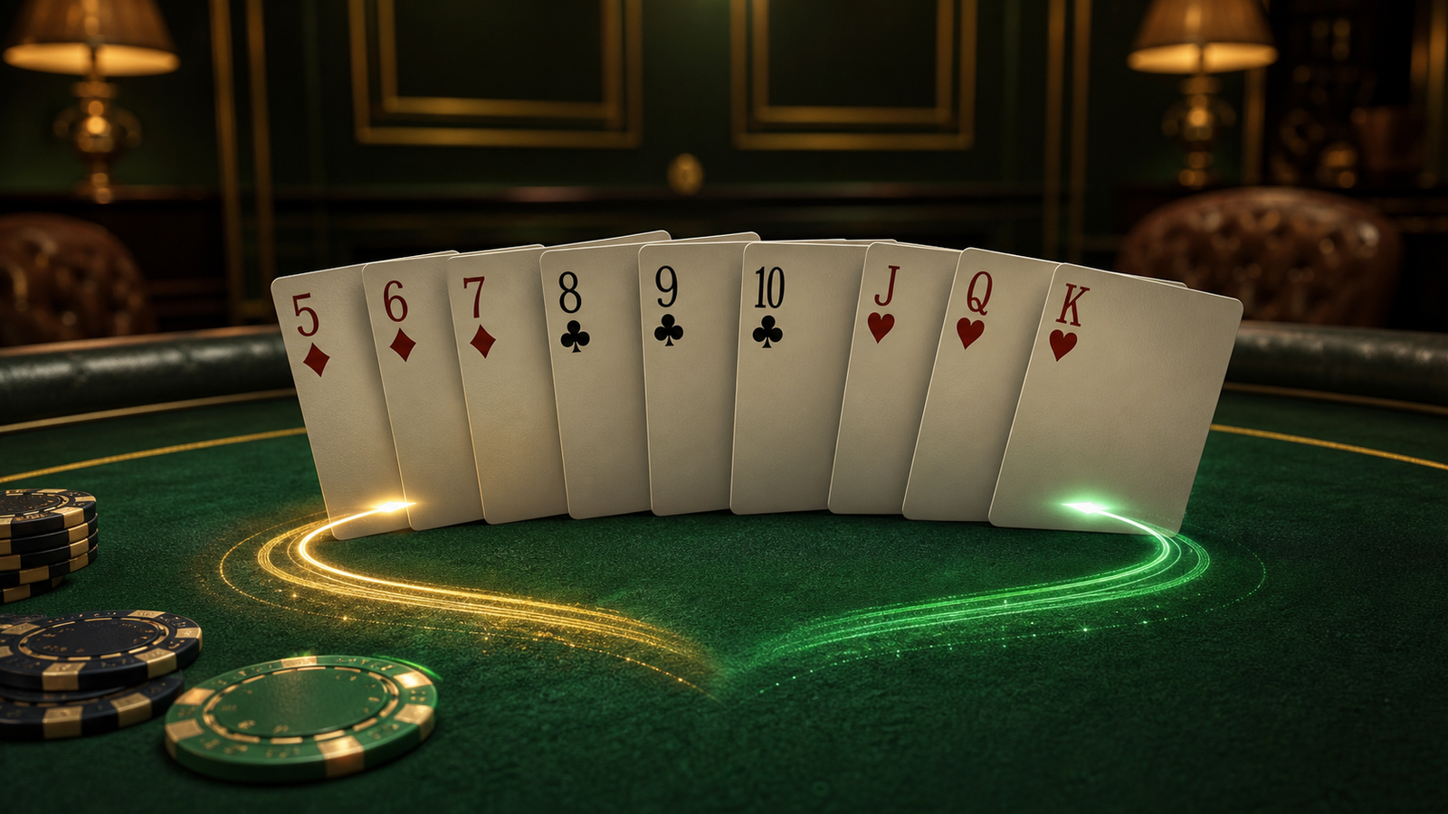 Premium dark green Indian Rummy table with connected middle-rank card runs highlighted by gold and emerald paths