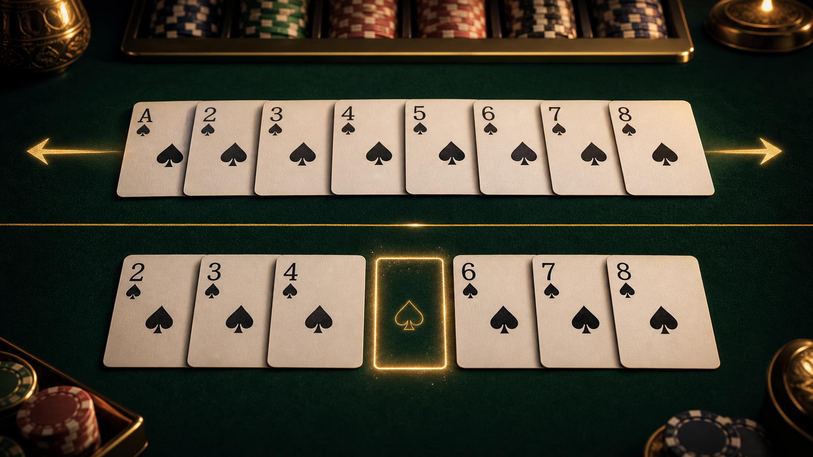 Premium dark Indian Rummy table comparing an extendable same-suit sequence with a glowing inside gap