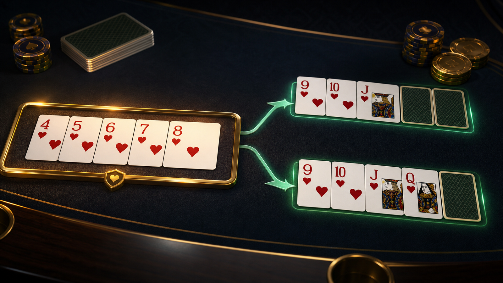 Premium dark Indian Rummy table showing a protected heart pure sequence branching toward two possible sequence routes