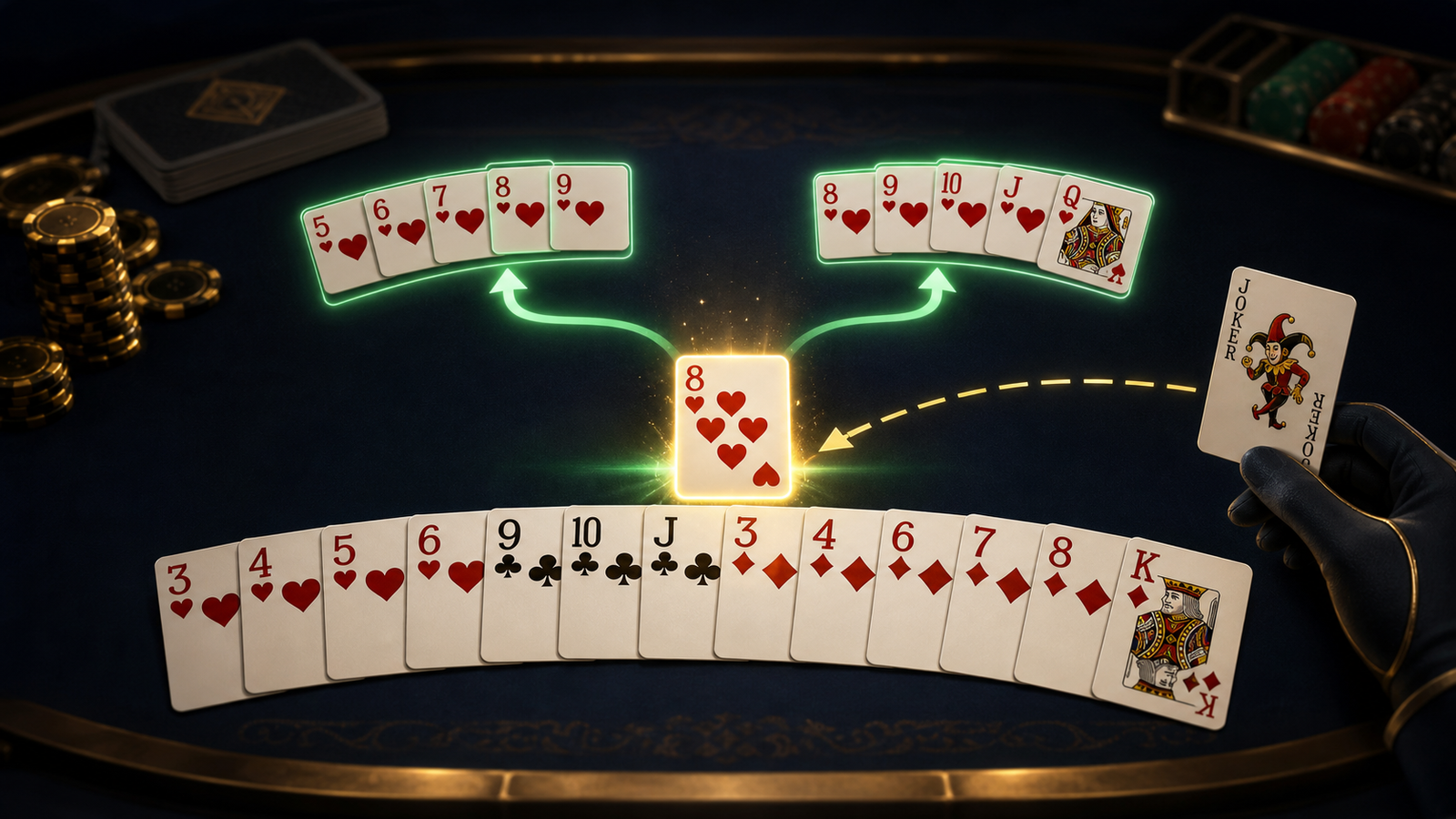 Premium Indian Rummy table with a newly drawn card branching into two sequence paths and a Joker held as support