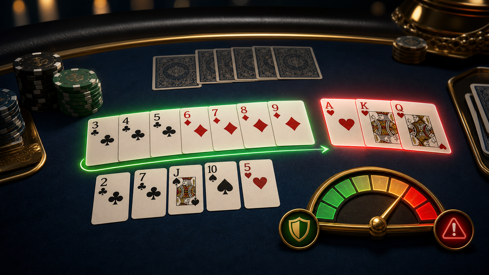 Premium Indian Rummy table showing high-card risk, a green low-card sequence path, and a point-reduction meter