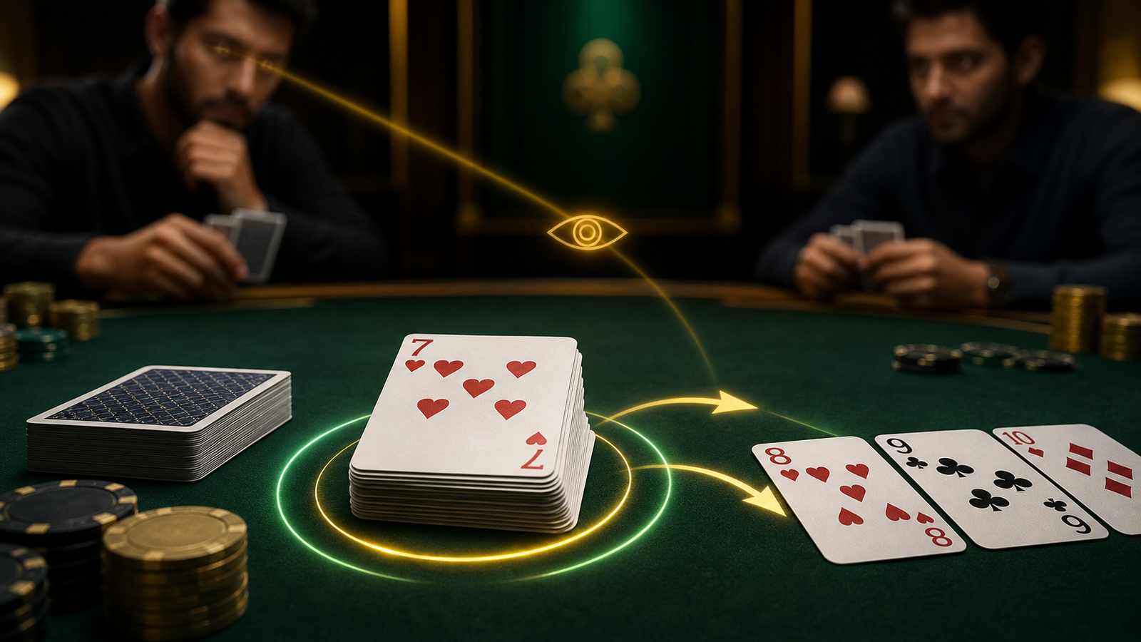 Premium Indian Rummy discard pile with observation signal cues, opponent silhouettes, chips, and green table lighting
