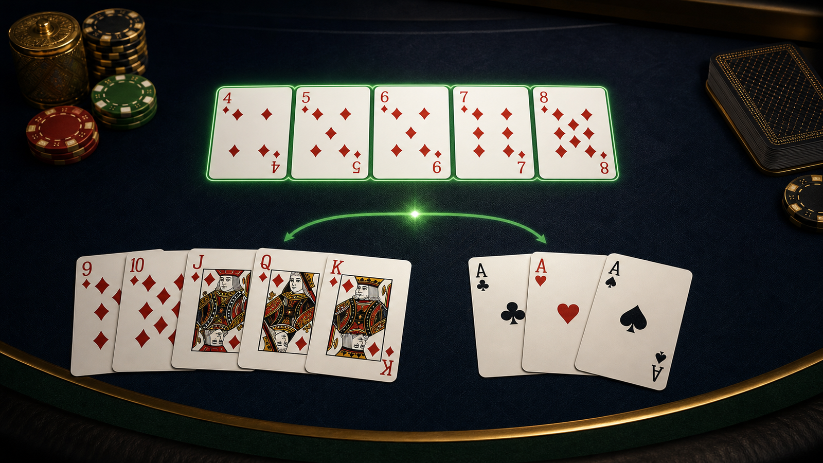 Premium dark Indian Rummy table showing a completed diamond pure sequence branching toward another sequence and a set of aces