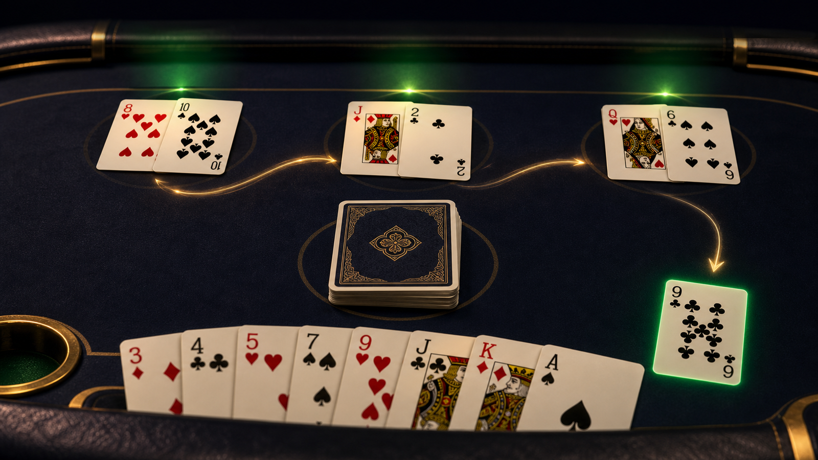 Premium dark Indian Rummy table showing three rounds of visible card signals leading to a careful discard decision