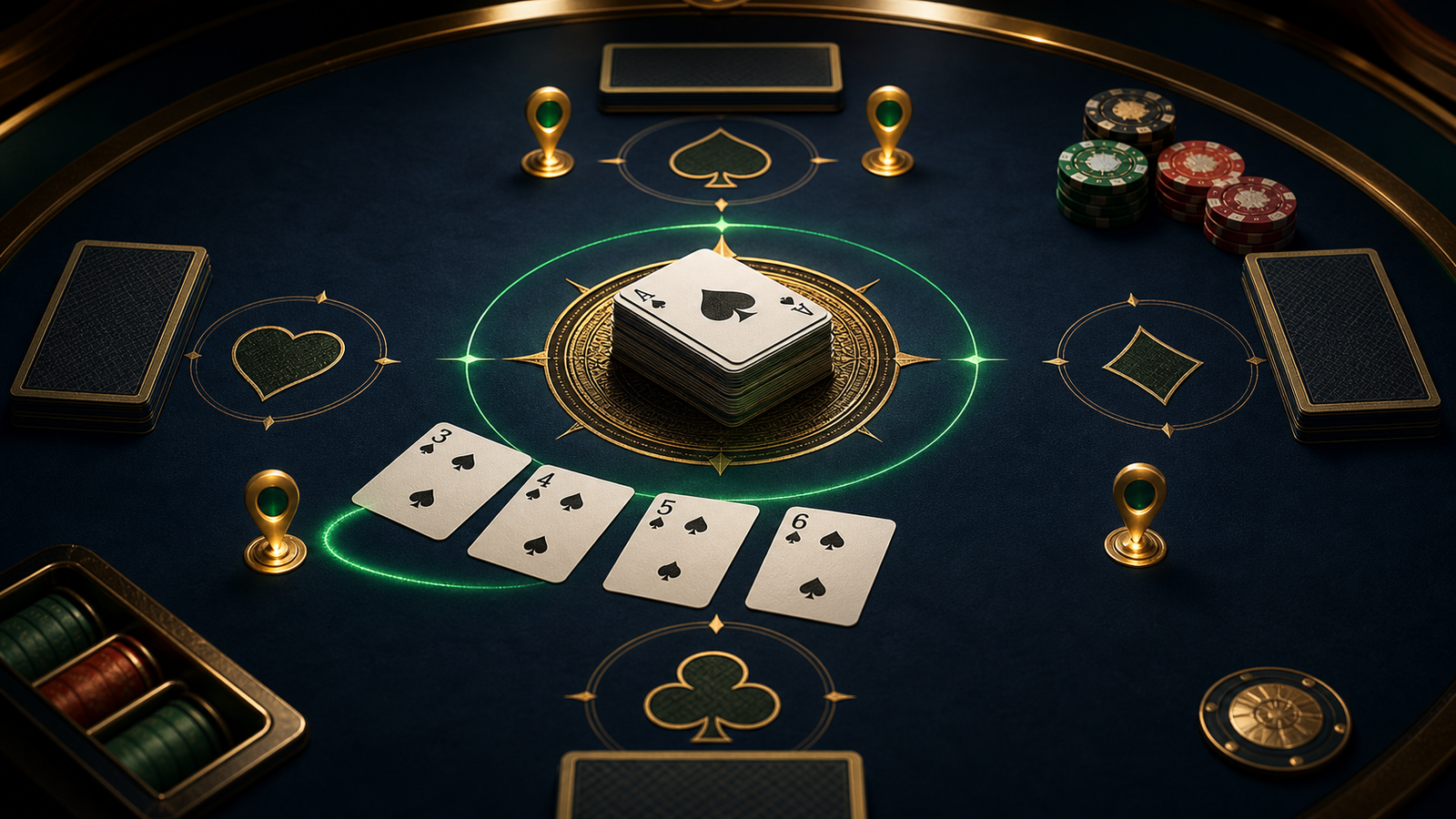 Premium dark Indian Rummy table with a central discard pile and glowing suit-based observation markers