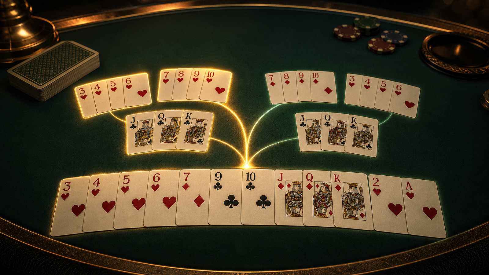Premium dark Indian Rummy table with a thirteen-card hand branching into a gold primary sequence route and green backup route