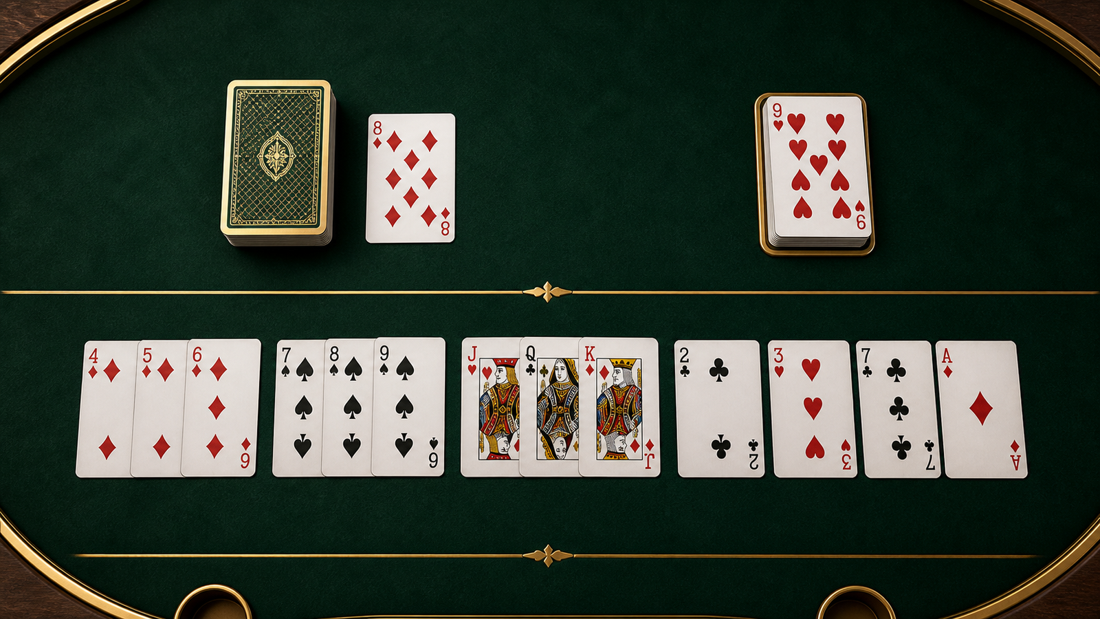 Top-down Indian Rummy turn audit with a closed deck, temporary draw card, grouped hand and open discard pile