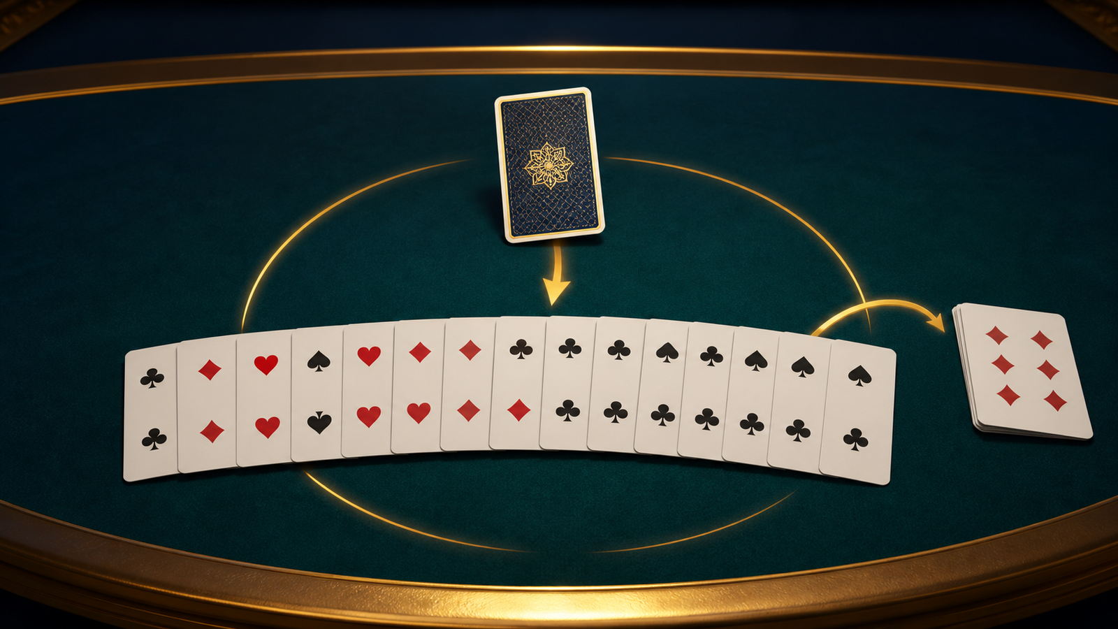 Premium Indian Rummy table showing a 13-card hand, one incoming draw and an outgoing discard