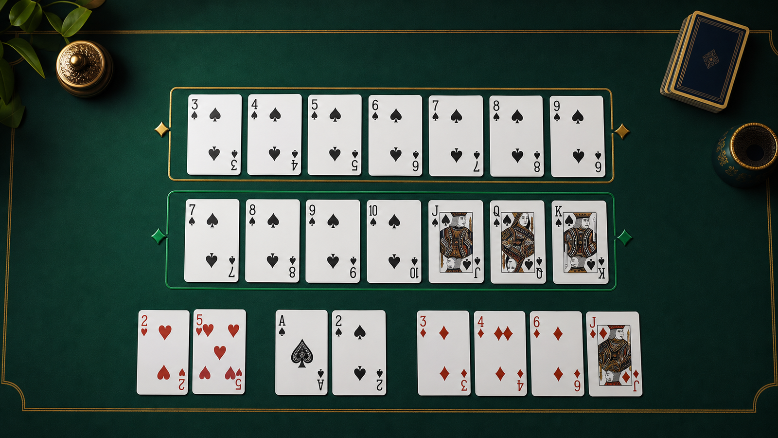 Top-down Indian Rummy hand plan comparing two natural same-suit sequence routes with remaining cards sorted below