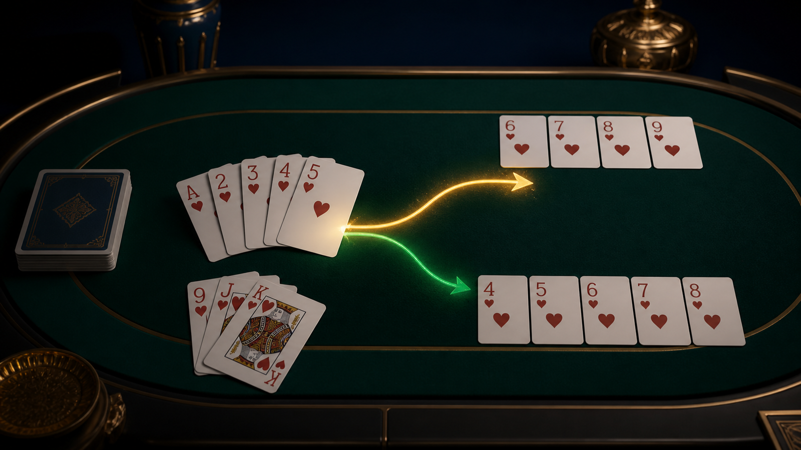 Premium dark Indian Rummy table showing one natural heart sequence branching into two possible pure-sequence routes