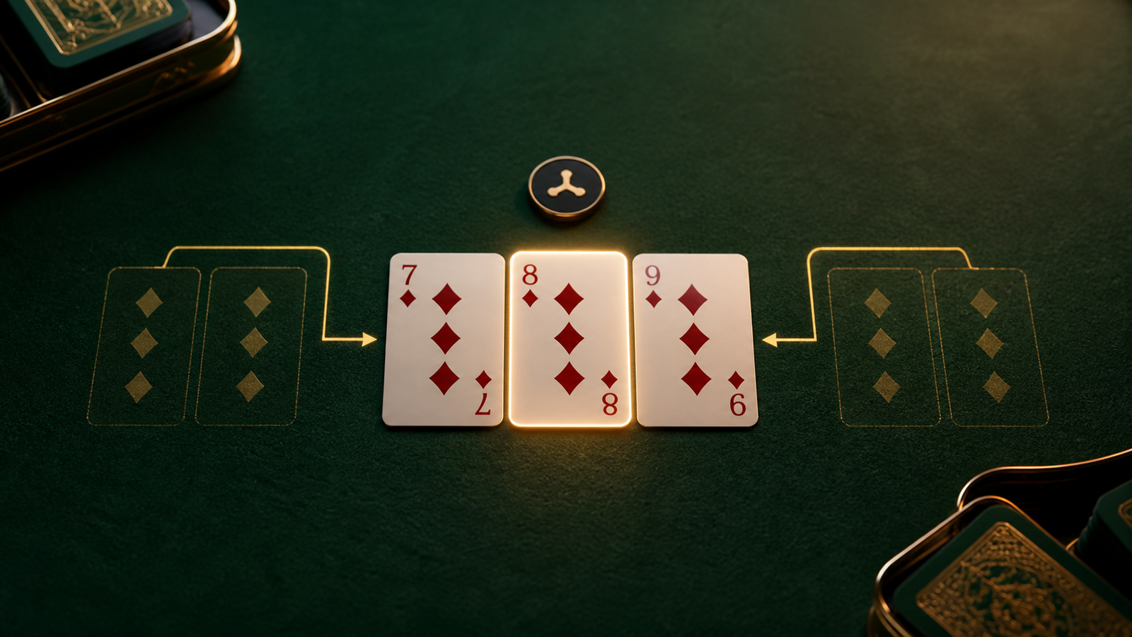 Seven, eight and nine of diamonds with the middle eight illuminated during a sequence dependency check