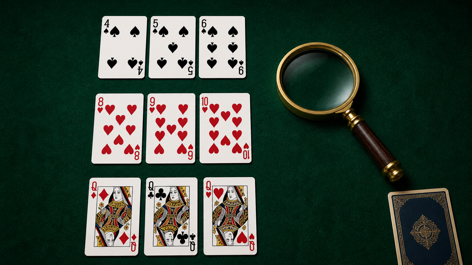 Magnifying glass beside two natural Indian Rummy sequences and a three-suit queen set during a declaration audit