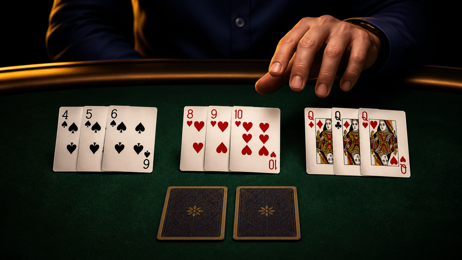 Focused adult player pausing over two natural Indian Rummy sequences, a different-suit queen set and two face-down loose cards