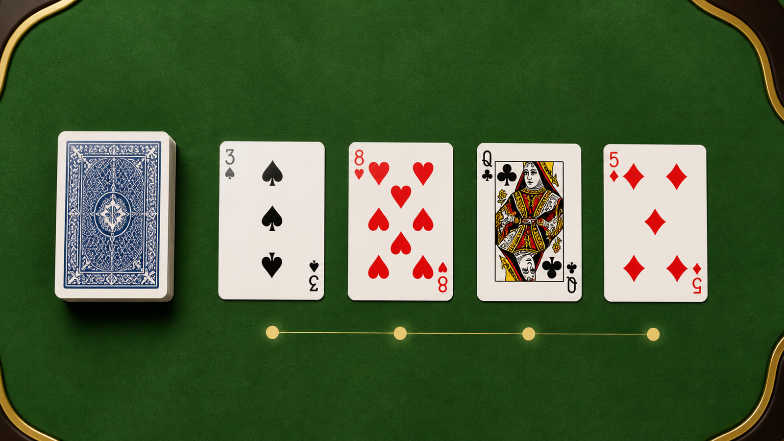 Top-down chronological row of three spades, eight hearts, queen clubs and five diamonds beside a face-down stock