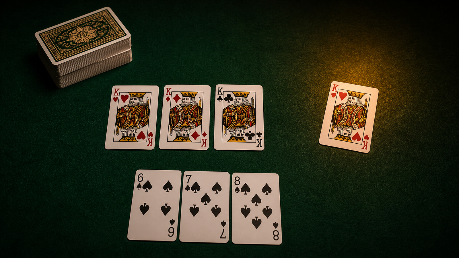 Top-down Indian Rummy declaration check with three kings of distinct suits, a same-suit duplicate beside them and a protected pure sequence