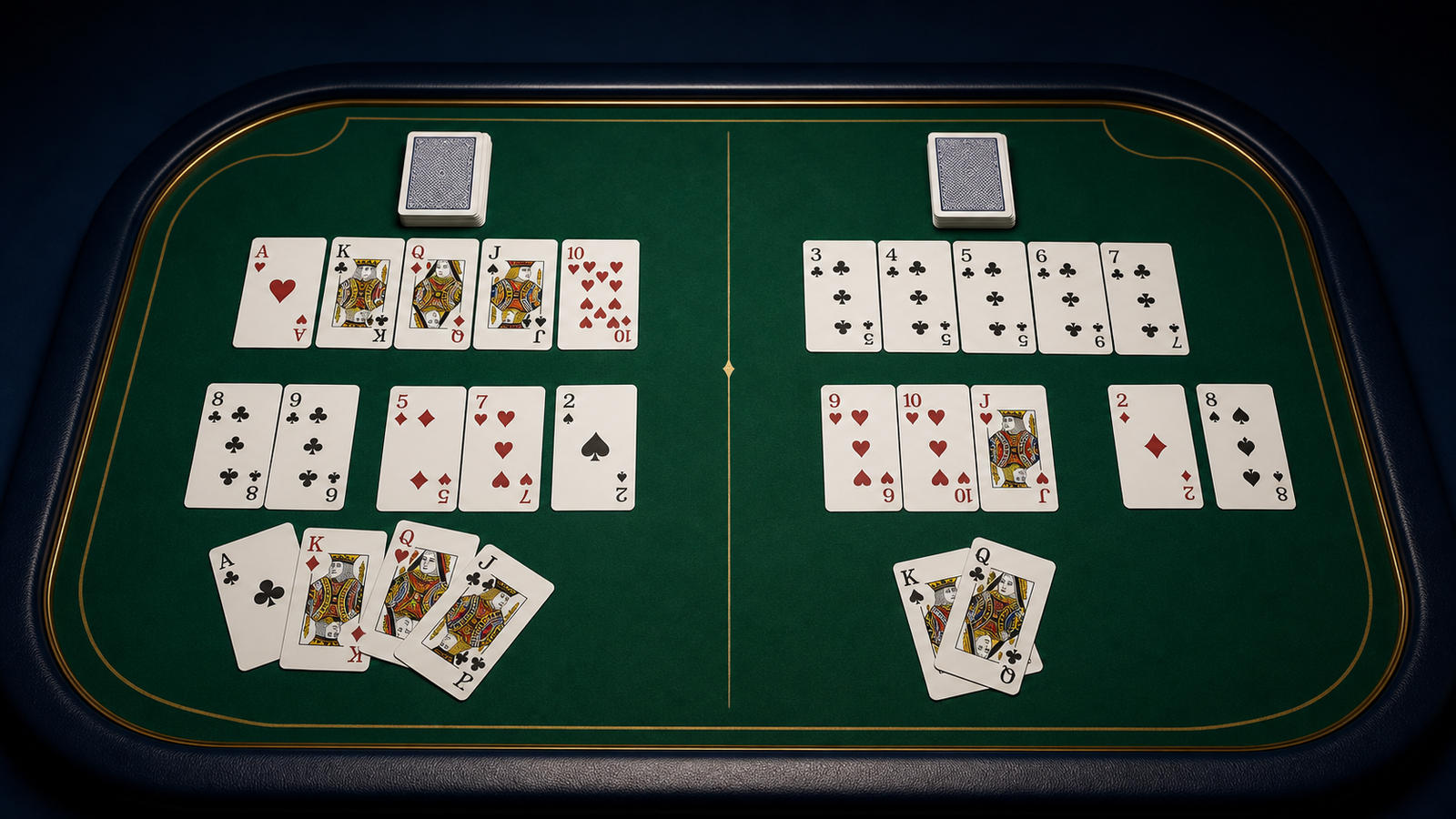 Top-down comparison of loose high-card point exposure before and after protecting natural sequences and reducing isolated cards