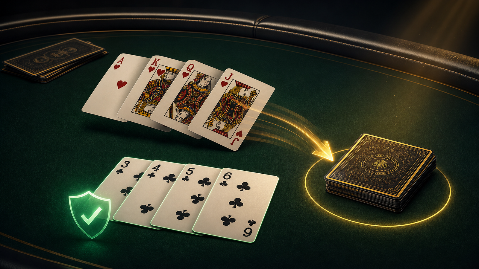 Premium dark Indian Rummy table showing loose ace and face cards moving toward the discard pile while a low club pure sequence stays protected